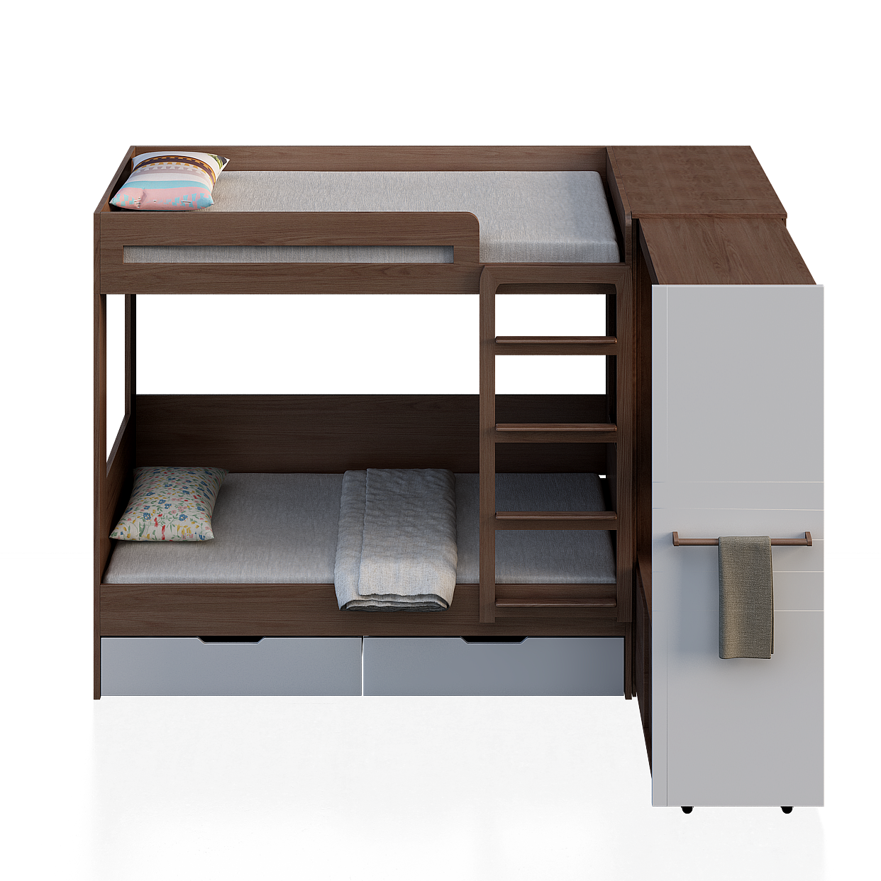 Modern Minimalist Bunk Bed 3D Model – Wood & White Design