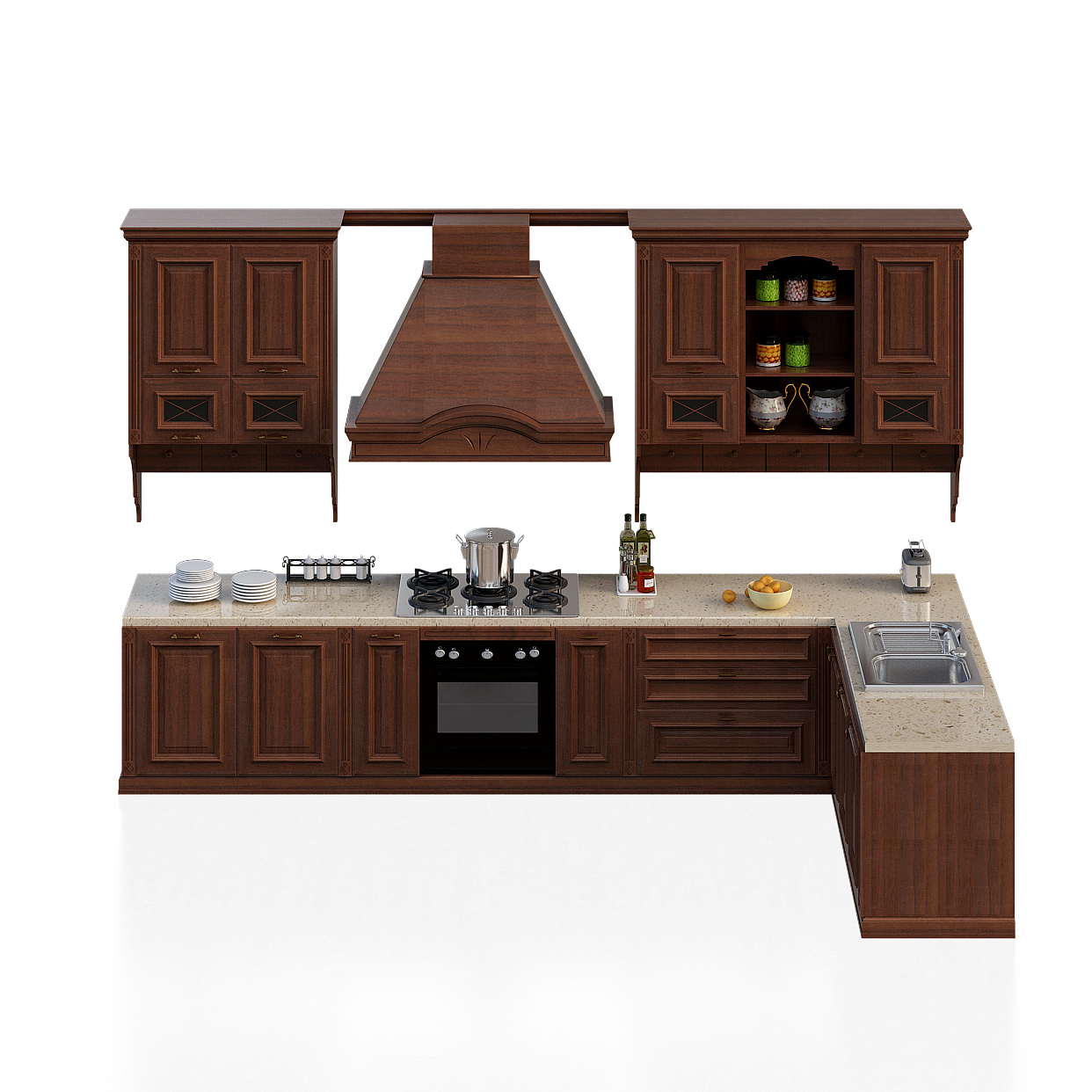 Classic Luxury Kitchen Interior 3D Model – Glossy Wood & Steel