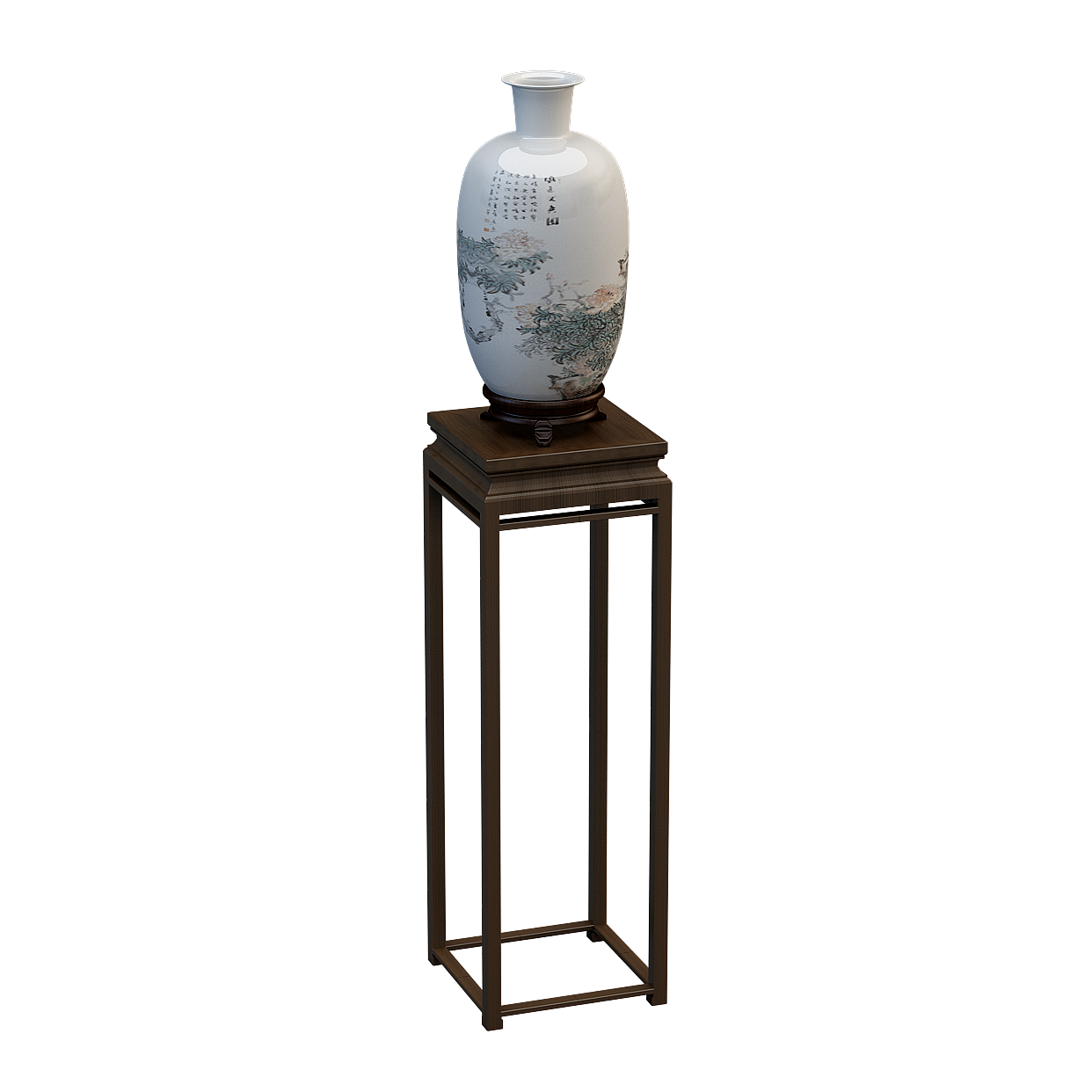 Porcelain Vase on Wooden Stand 3D Model – Hand-Painted Detail