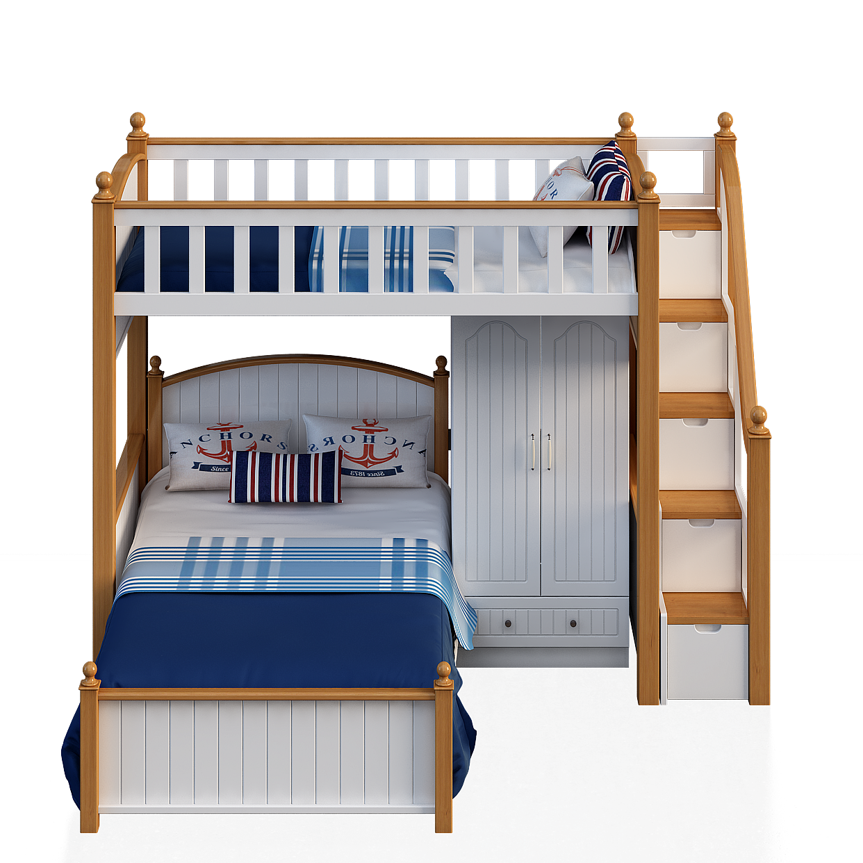 Nautical Bunk Bed 3D Model – Coastal Wooden Frame