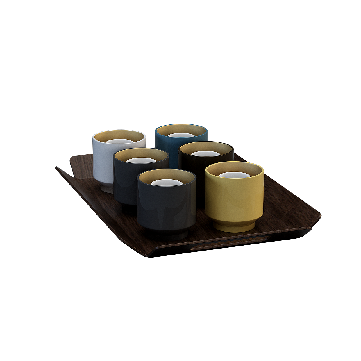 Modern Cup Collection on Wooden Tray – Low-Poly Multicolor Cups