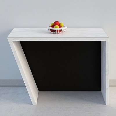 Modern white marble console table with angled leg and fruit bowl on grey background
