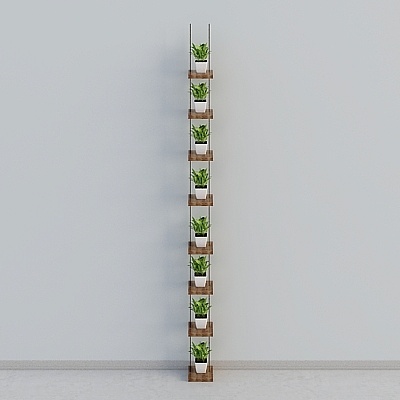 Tall wooden vertical planter with seven white pots and green plants on grey background