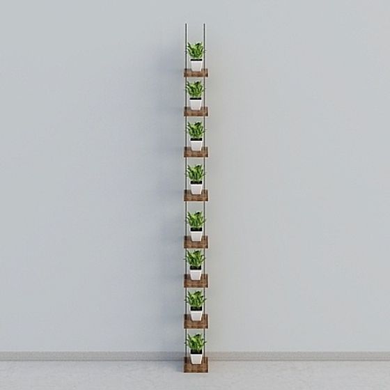 Tall wooden vertical planter with seven white pots and green plants on grey background