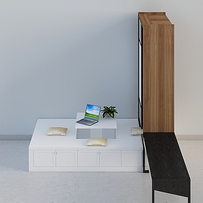 Modern white low cabinet with wood shelf and tall storage unit on grey background