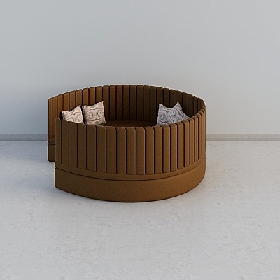 Modern brown curved sectional sofa with vertical slats and pillows on white background