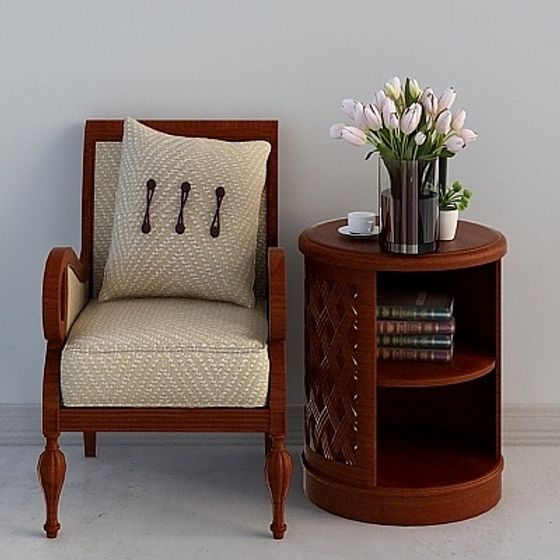 Classic Wooden Armchair and Side Table Set 3D model