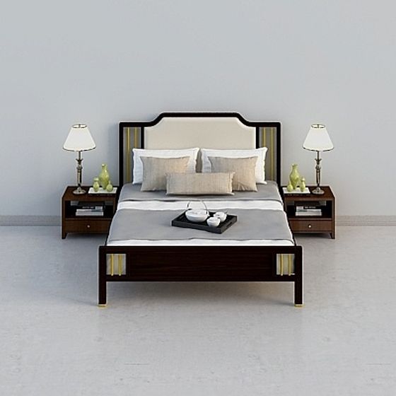 Minimalist Black Solid Wood Bed 3D Model