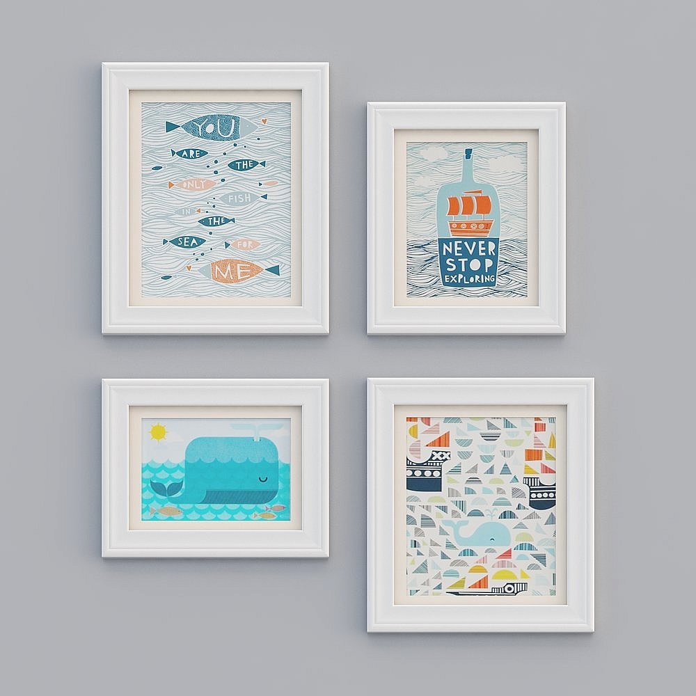 Four white frames with sea art on grey background