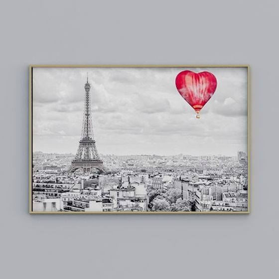 Heart-Shaped Hot Air Balloon with Eiffel Tower 3D Model