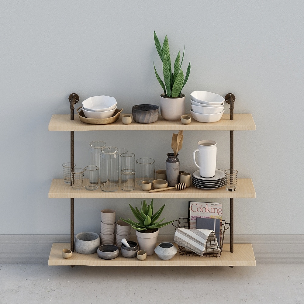 現代簡約一牆上置物架一木質十鐵藝