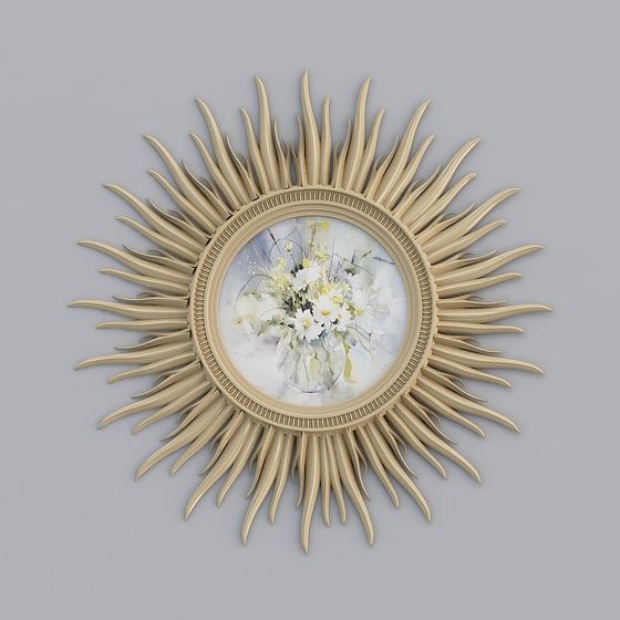 Golden Sunburst Frame with Floral Artwork 3D model