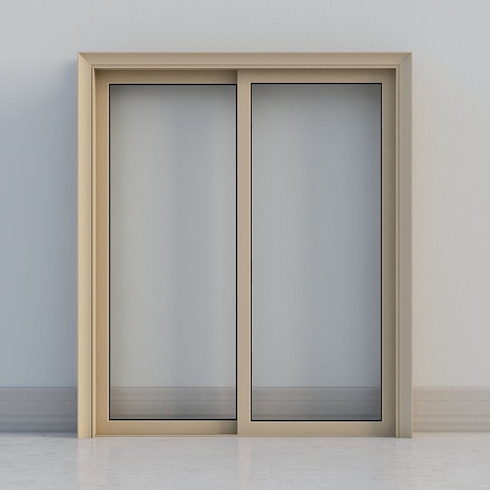 Modern beige sliding door with frosted glass panels and black trim on white background