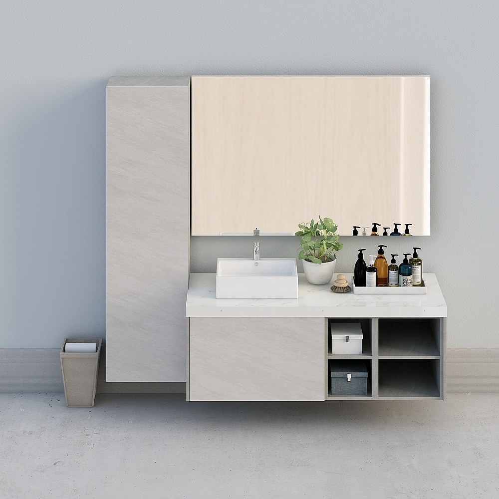 【全屋定製】現代簡約鏡面衛浴櫃北歐淺灰檯盆櫃-3