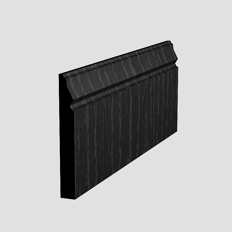 Black wooden wall panel with vertical grain texture and decorative top molding on grey background