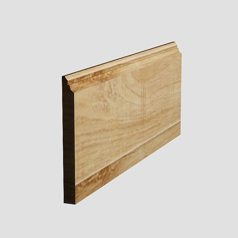 Light brown wooden wall panel with classic top molding detail on grey background