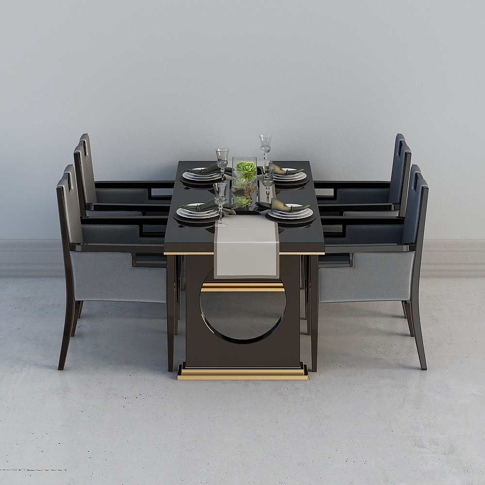 Modern black dining table set with grey chairs and gold base on grey background