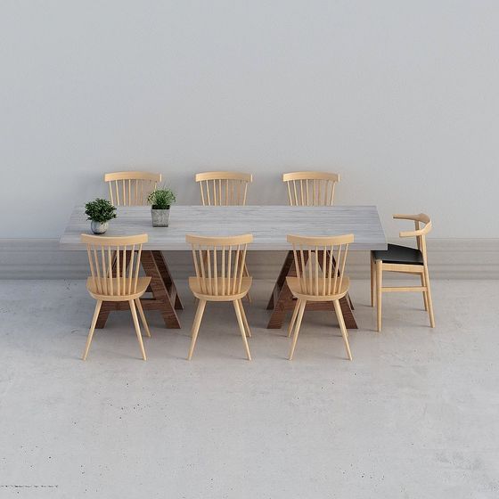 Wooden Dining Table and Chair Set 3D model