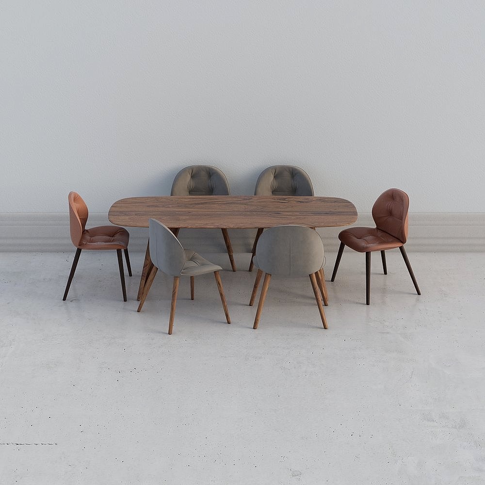 Modern oval walnut dining table with six tufted chairs on grey concrete floor background