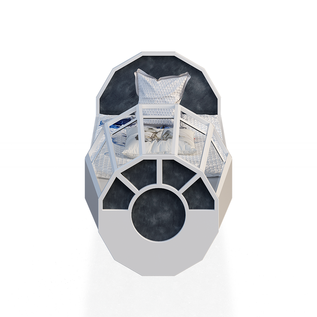 Futuristic Bed 3D Model – White Frame & Hexagonal Panels