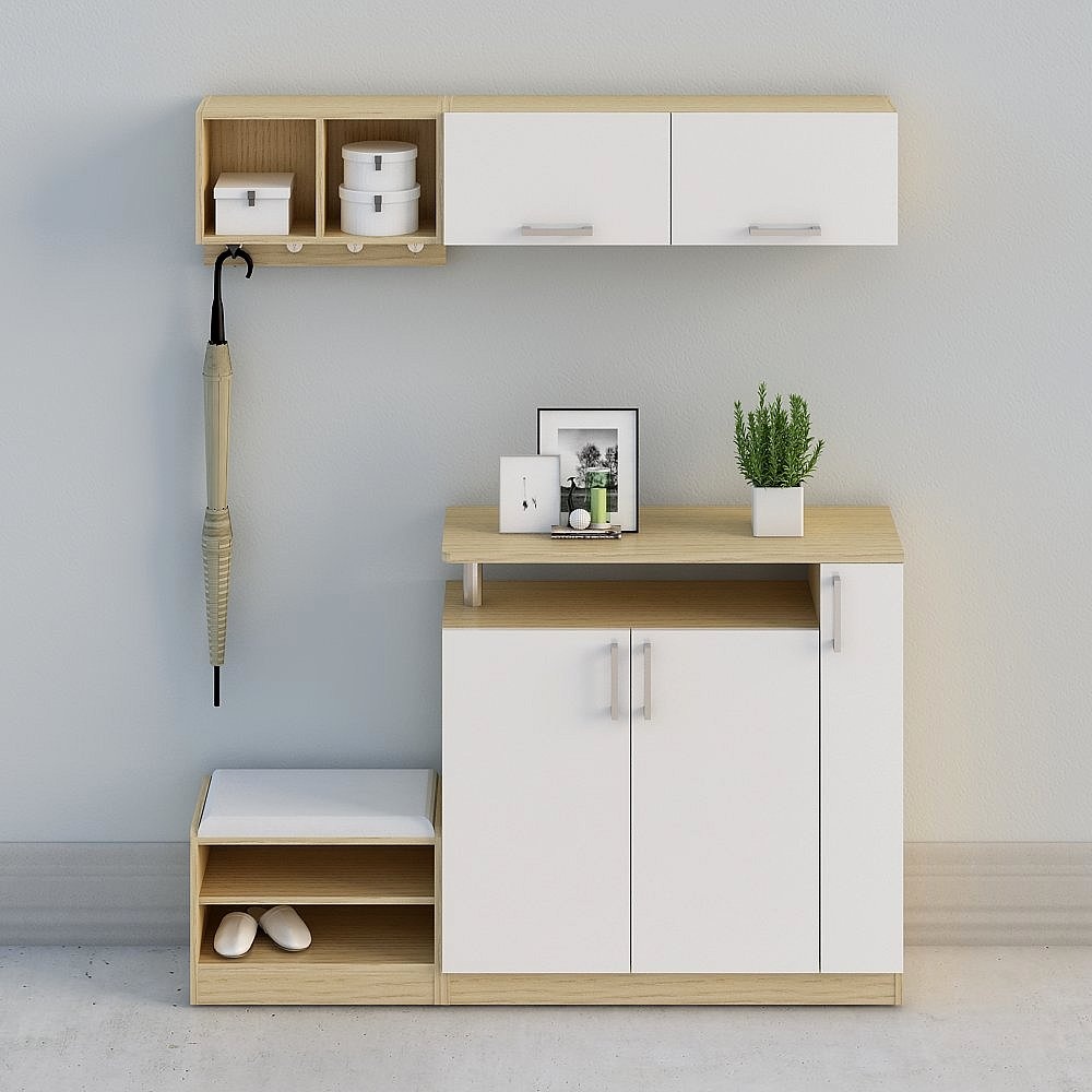 【全屋定製】-現代簡約米白北歐原木玄關櫃廳櫃鞋櫃-門廳組合22-03