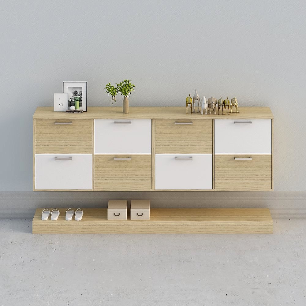 【全屋定製】-現代簡約米白北歐原木玄關廚櫃鞋櫃-門廳組合15-01