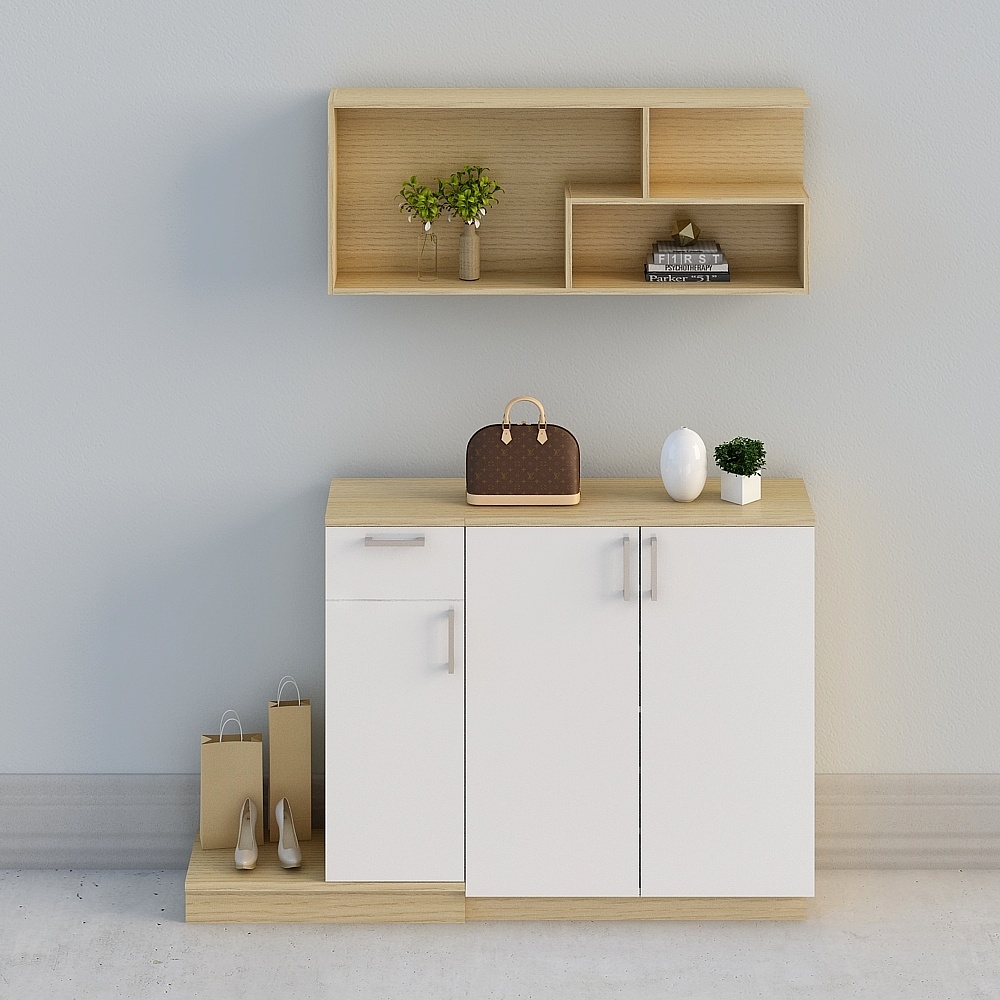 【全屋定製】-日式原木現代簡約米白玄關櫃廳櫃鞋櫃-門廳組合16-03