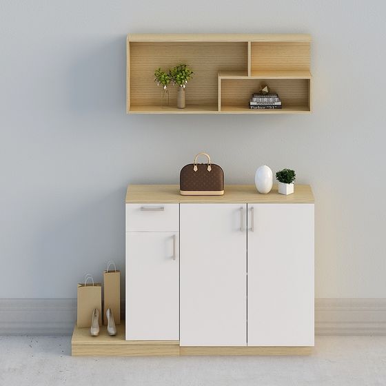 【全屋定製】-日式原木現代簡約米白玄關櫃廳櫃鞋櫃-門廳組合16-03