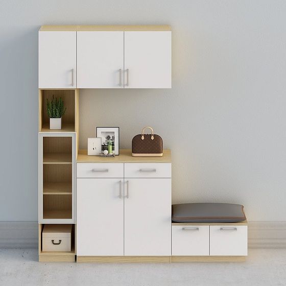 【全屋定製】-現代簡約米白北歐原木玄關櫃廳櫃鞋櫃-門廳組合09-04