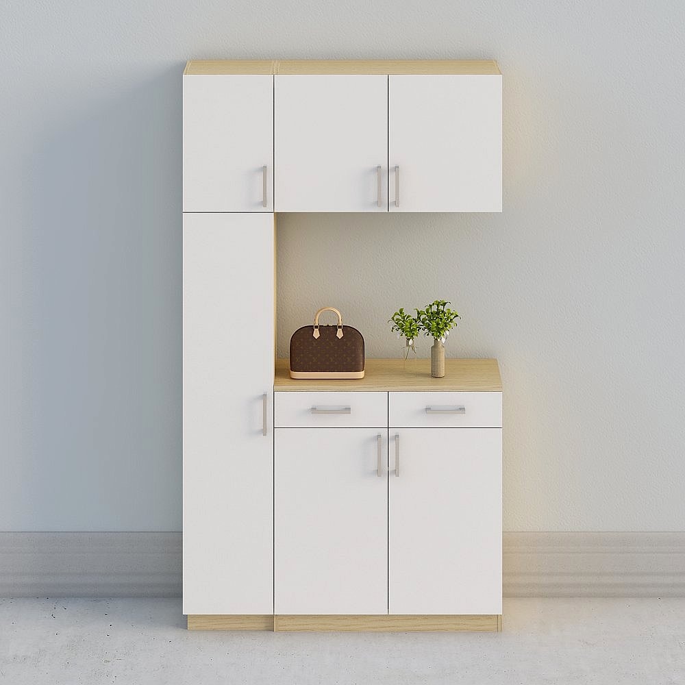【全屋定製】-現代簡約米白北歐原木玄關廚櫃鞋櫃-門廳組合12-02