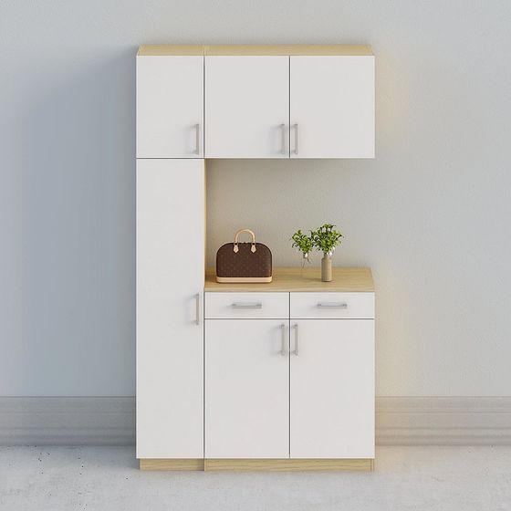 【全屋定製】-現代簡約米白北歐原木玄關廚櫃鞋櫃-門廳組合12-02