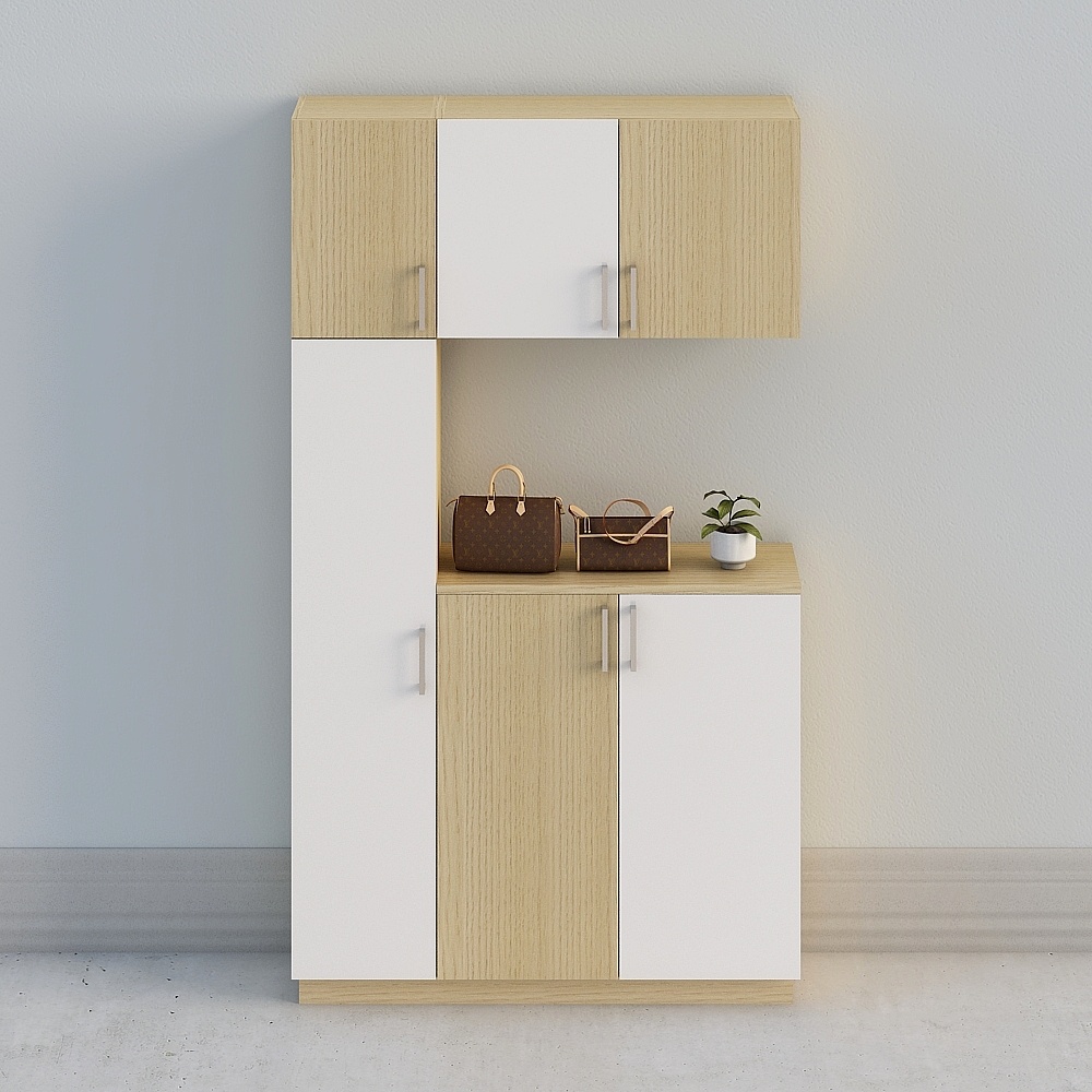 【全屋定製】-現代簡約米白北歐原木玄關廚櫃鞋櫃-門廳組合12-01