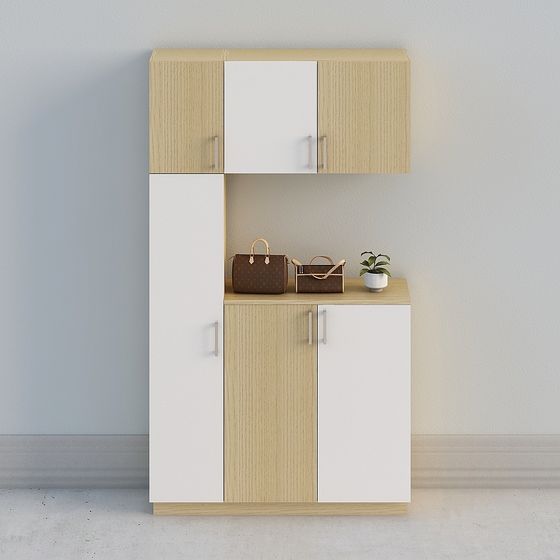 【全屋定製】-現代簡約米白北歐原木玄關廚櫃鞋櫃-門廳組合12-01