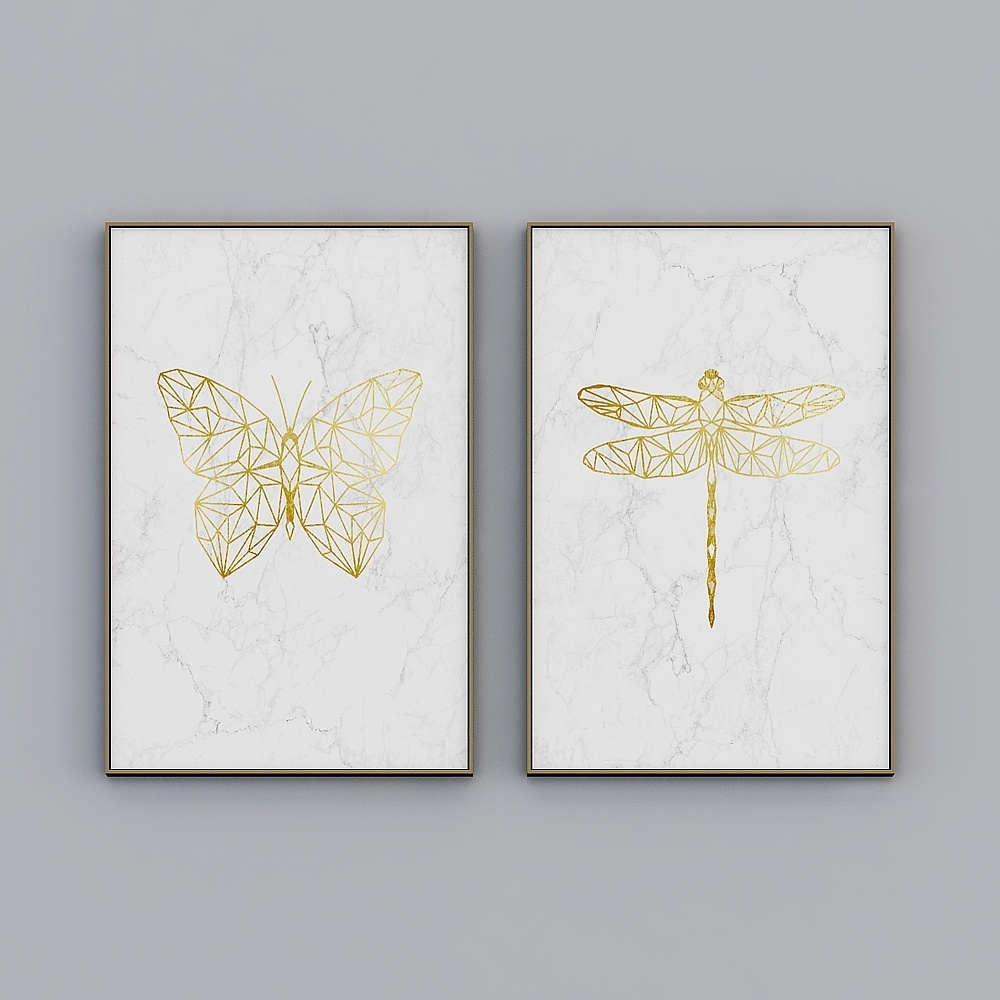 Golden Insect Art 3D model: Butterfly and Dragonfly