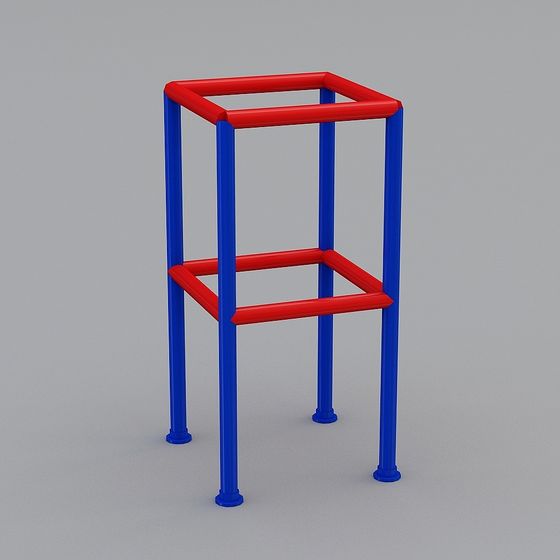 Modern blue metal stool frame with red square top and middle shelf on grey background