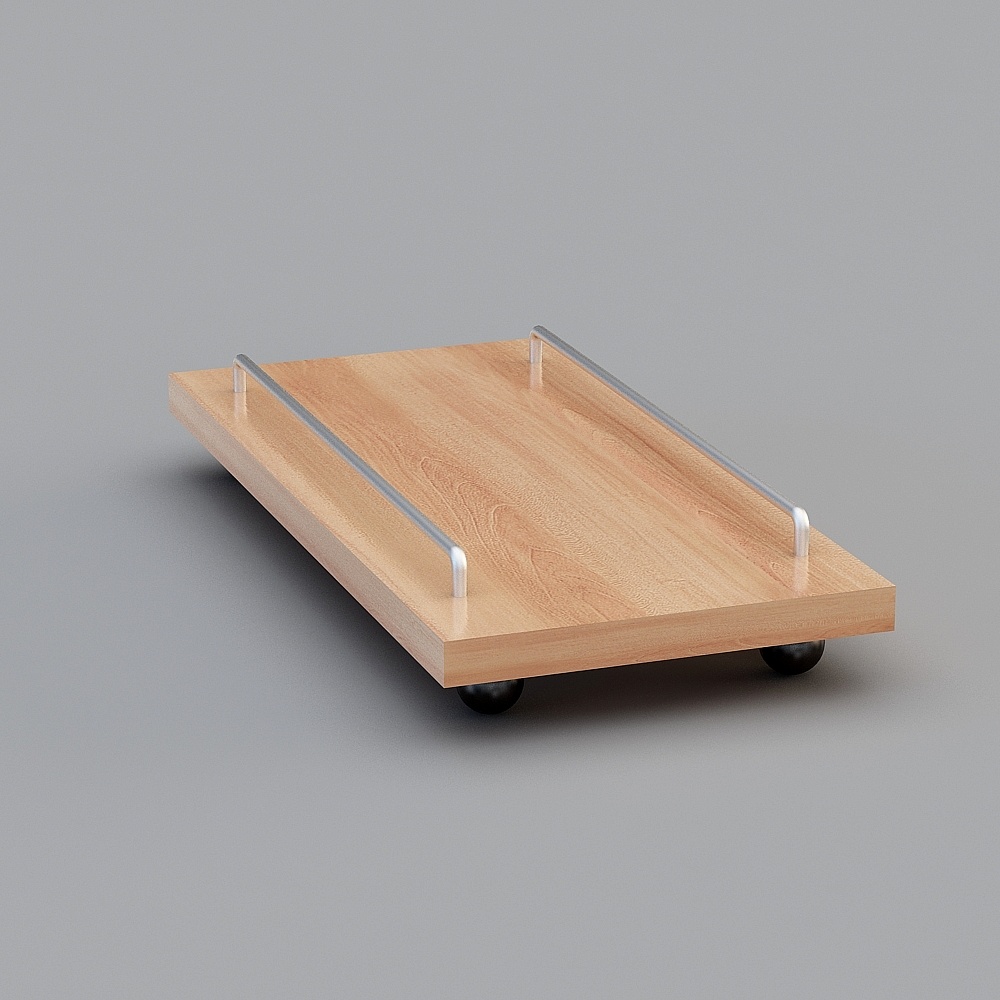 Modern light wood tray with metal handles and black wheels on grey background