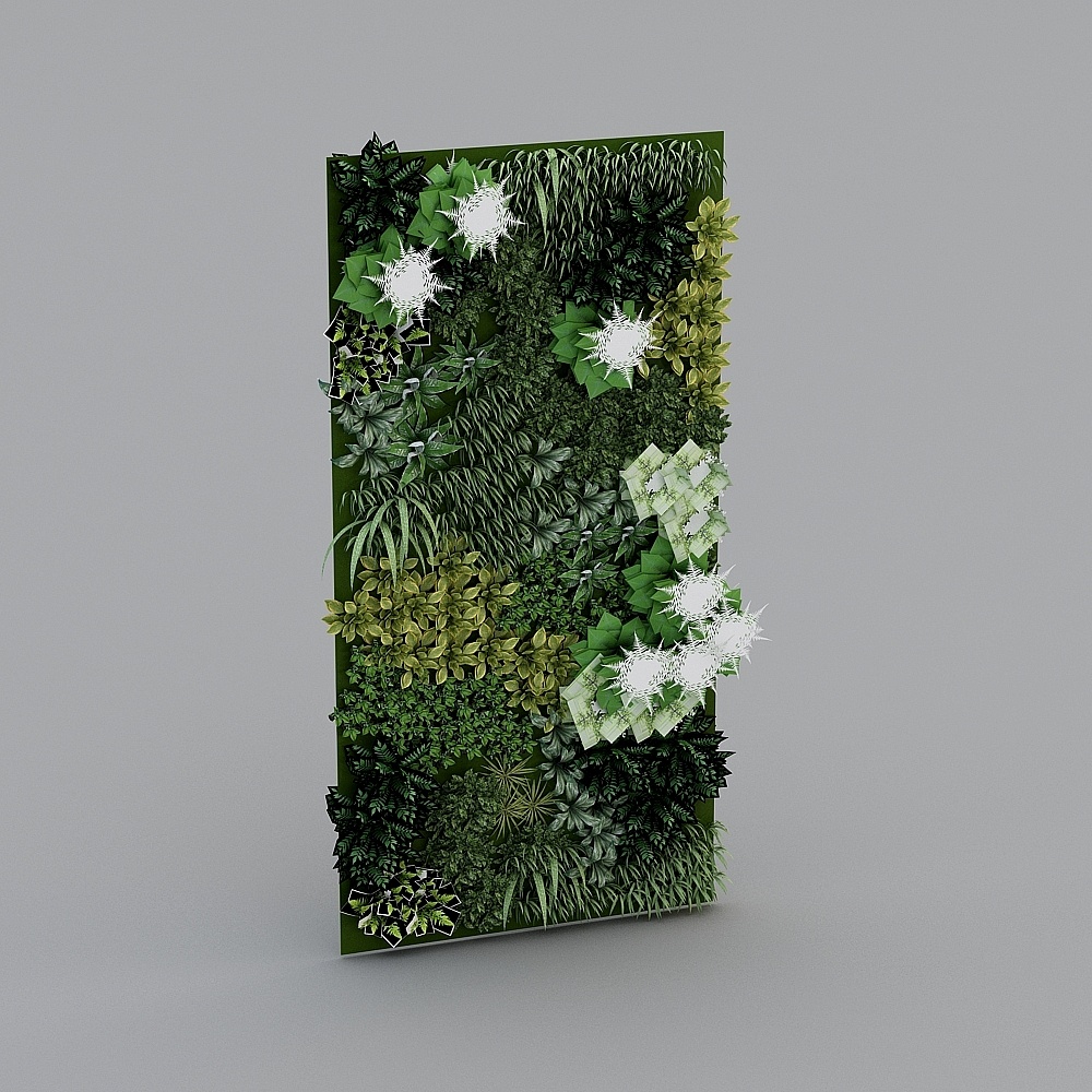 Green vertical garden wall panel with plants and white lights on grey background