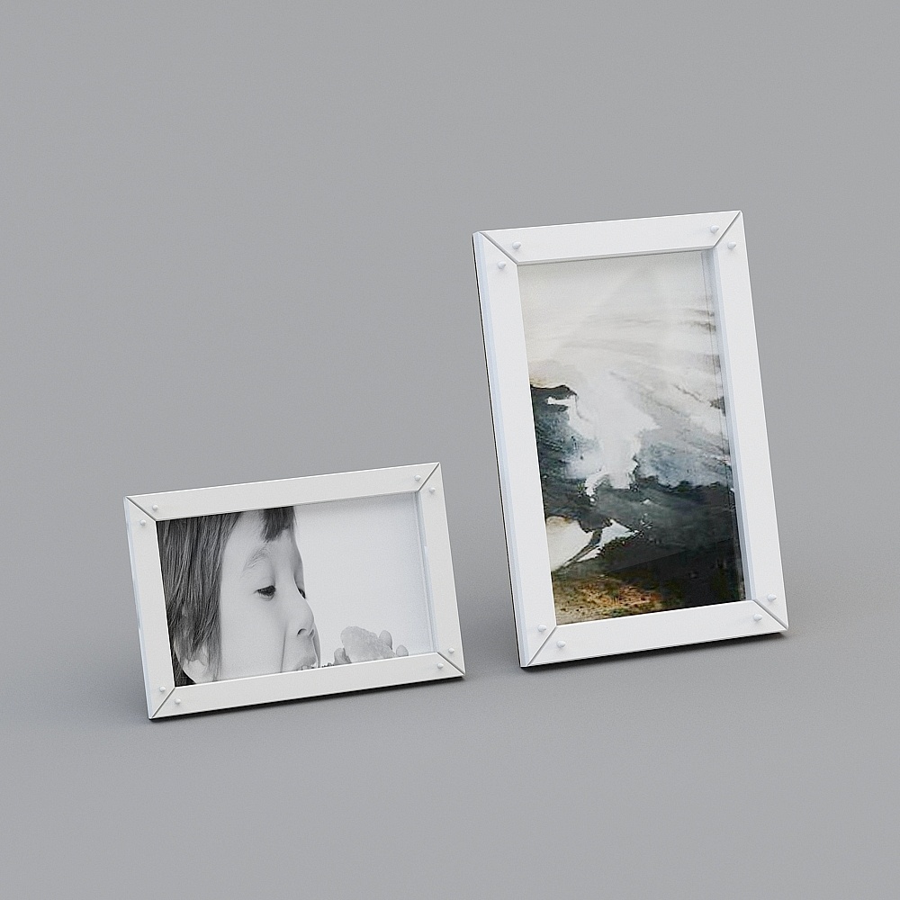 Two white wooden photo frames with glass fronts on grey background