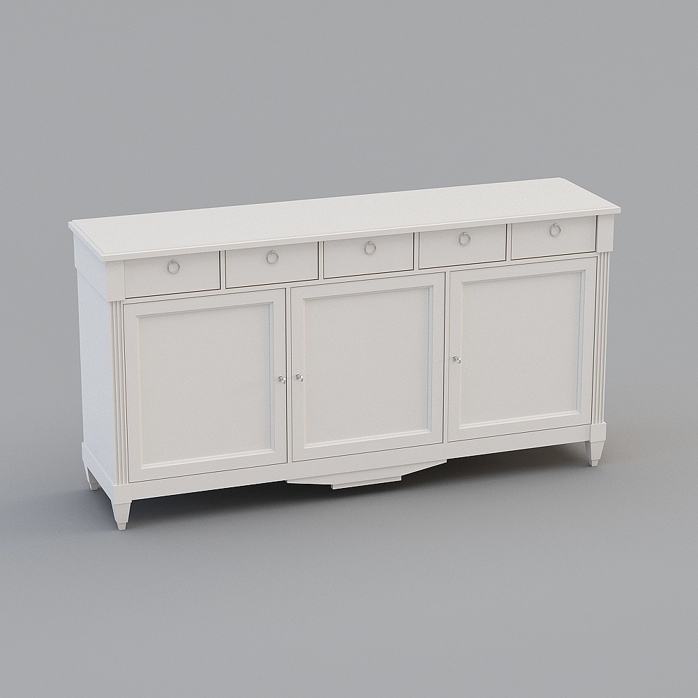 White wooden cabinet with five drawers and three doors on grey background