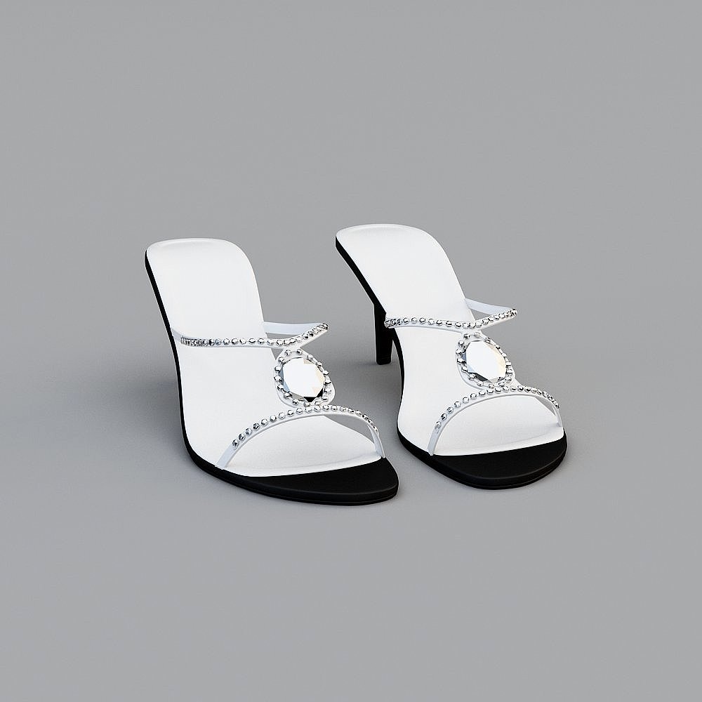 White high heel sandals with silver rhinestone straps and black sole on grey background