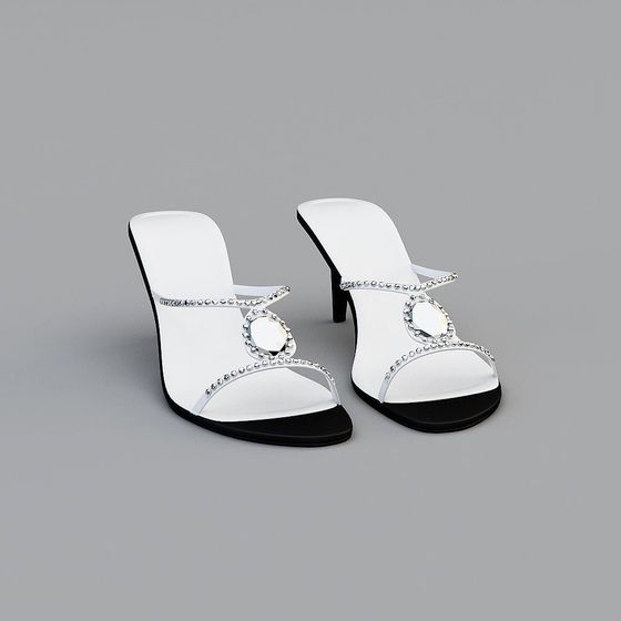 White high heel sandals with silver rhinestone straps and black sole on grey background