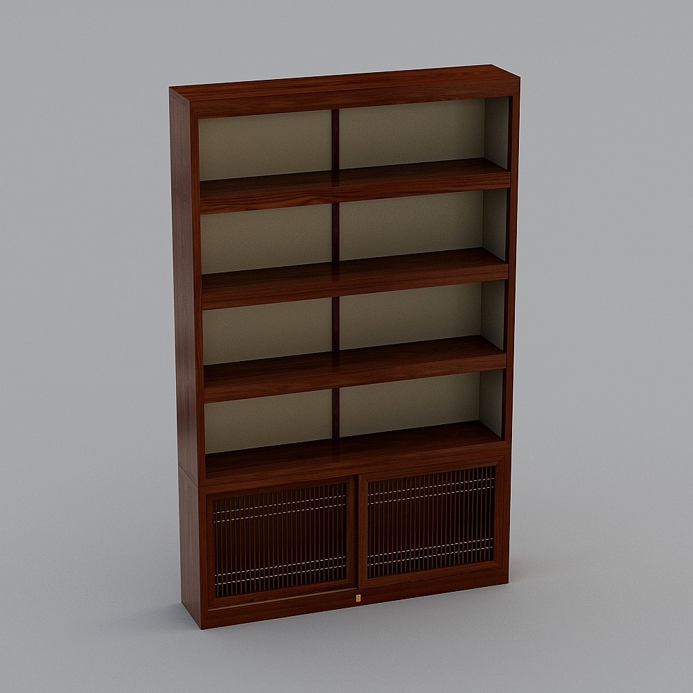 Tall dark wood bookcase with open shelves and slatted cabinet doors on grey background