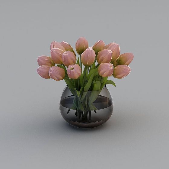 Tulip Bouquet in Glass Vase 3D model