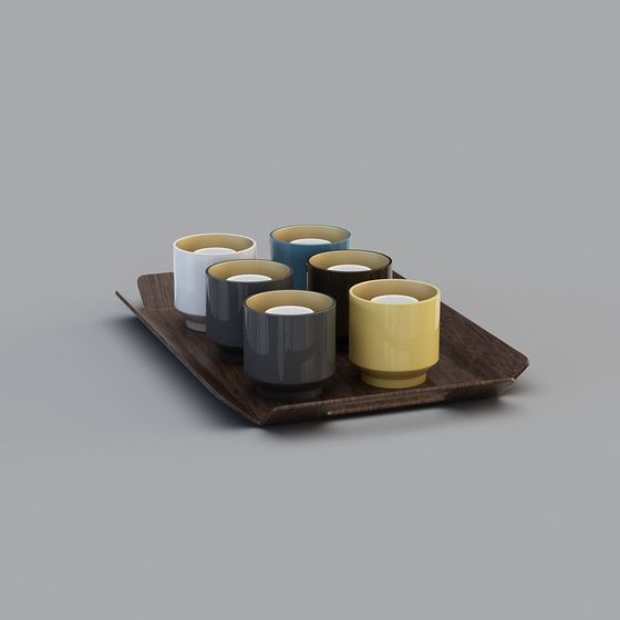 Modern Cup Collection on Wooden Tray 3D model