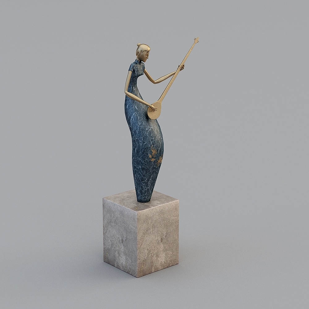 Statue of woman in blue dress holding gold string instrument on grey background
