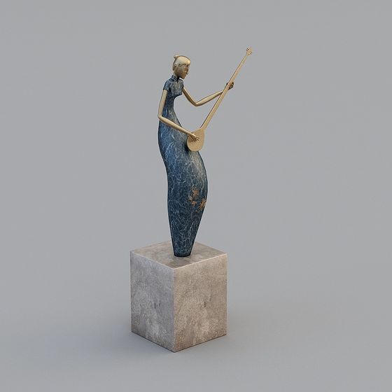 Statue of woman in blue dress holding gold string instrument on grey background