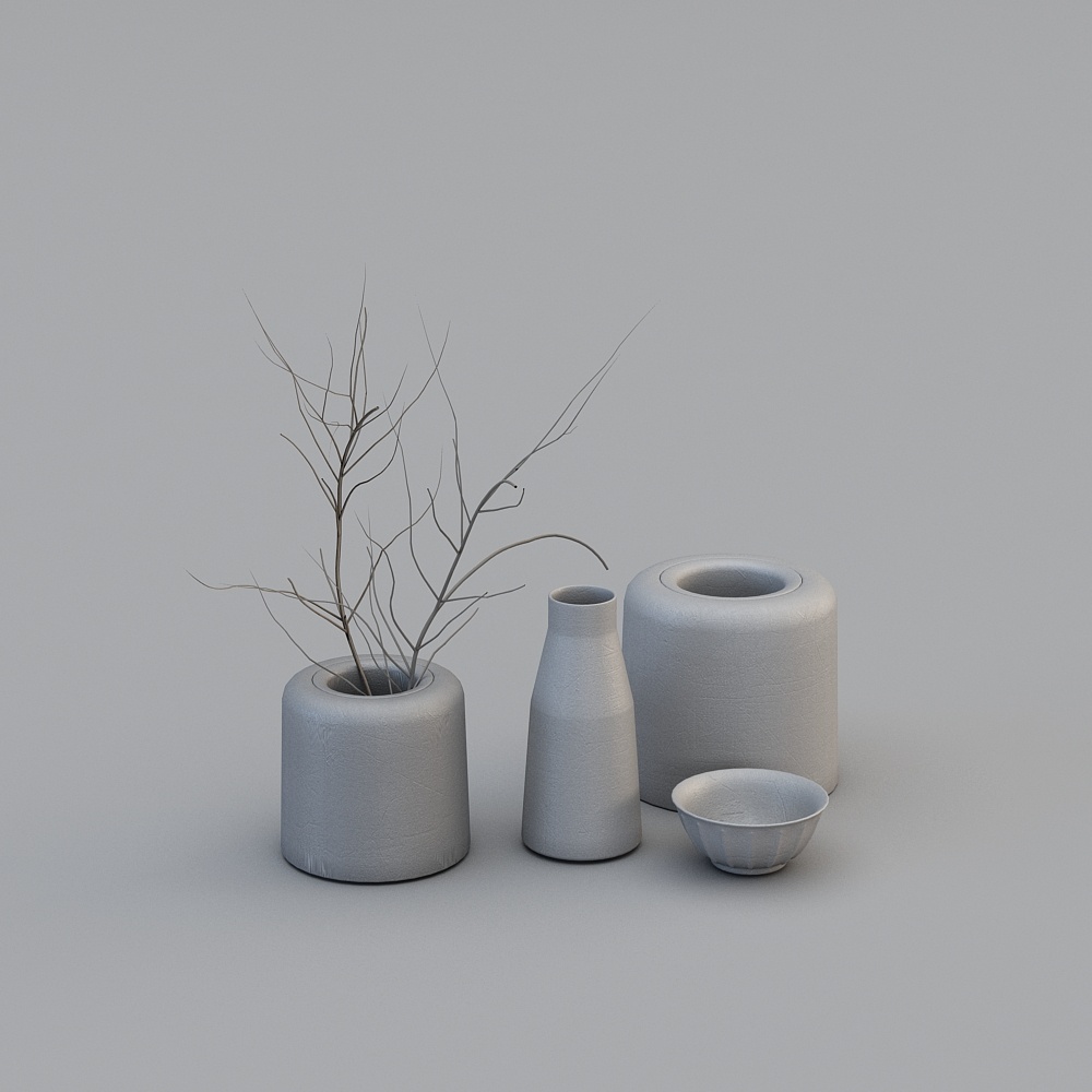 Set of four light grey ceramic vases and bowl with dried branches on grey background