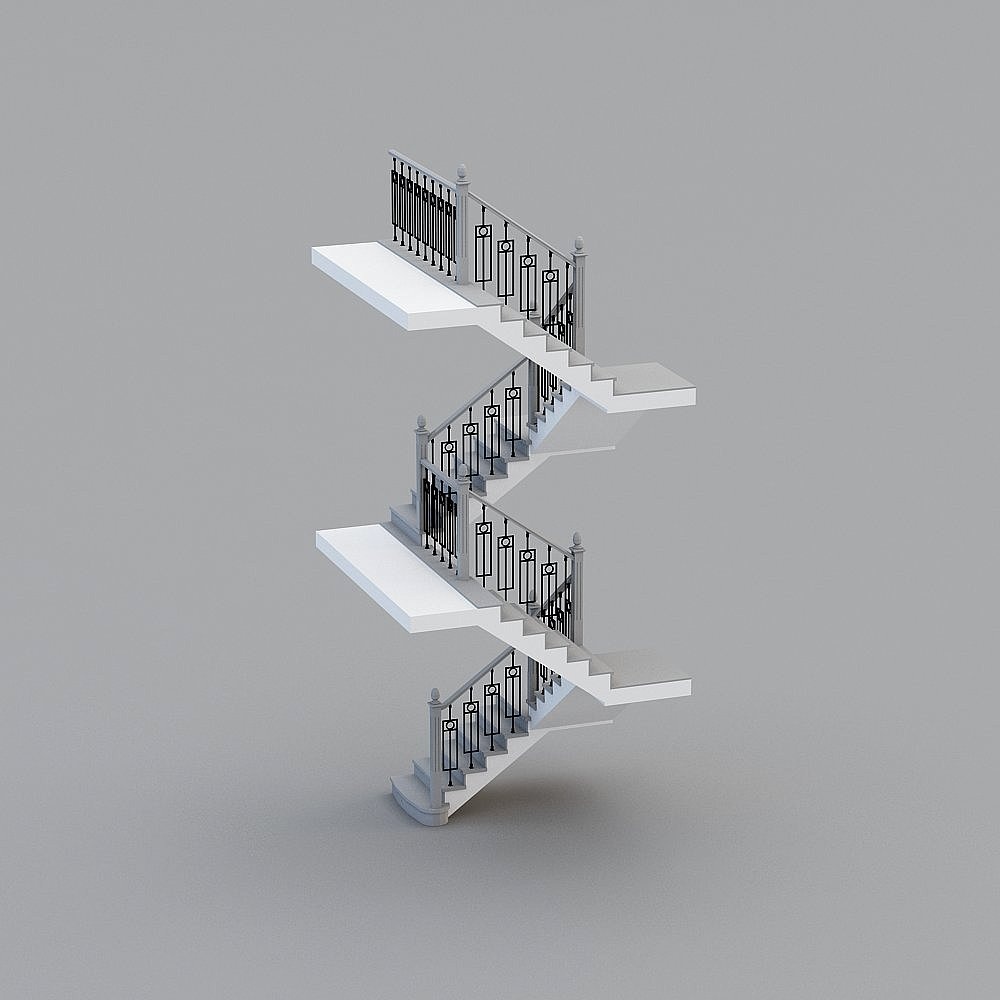 Stylish Z-Shape Staircase 3D model with Metal Railings