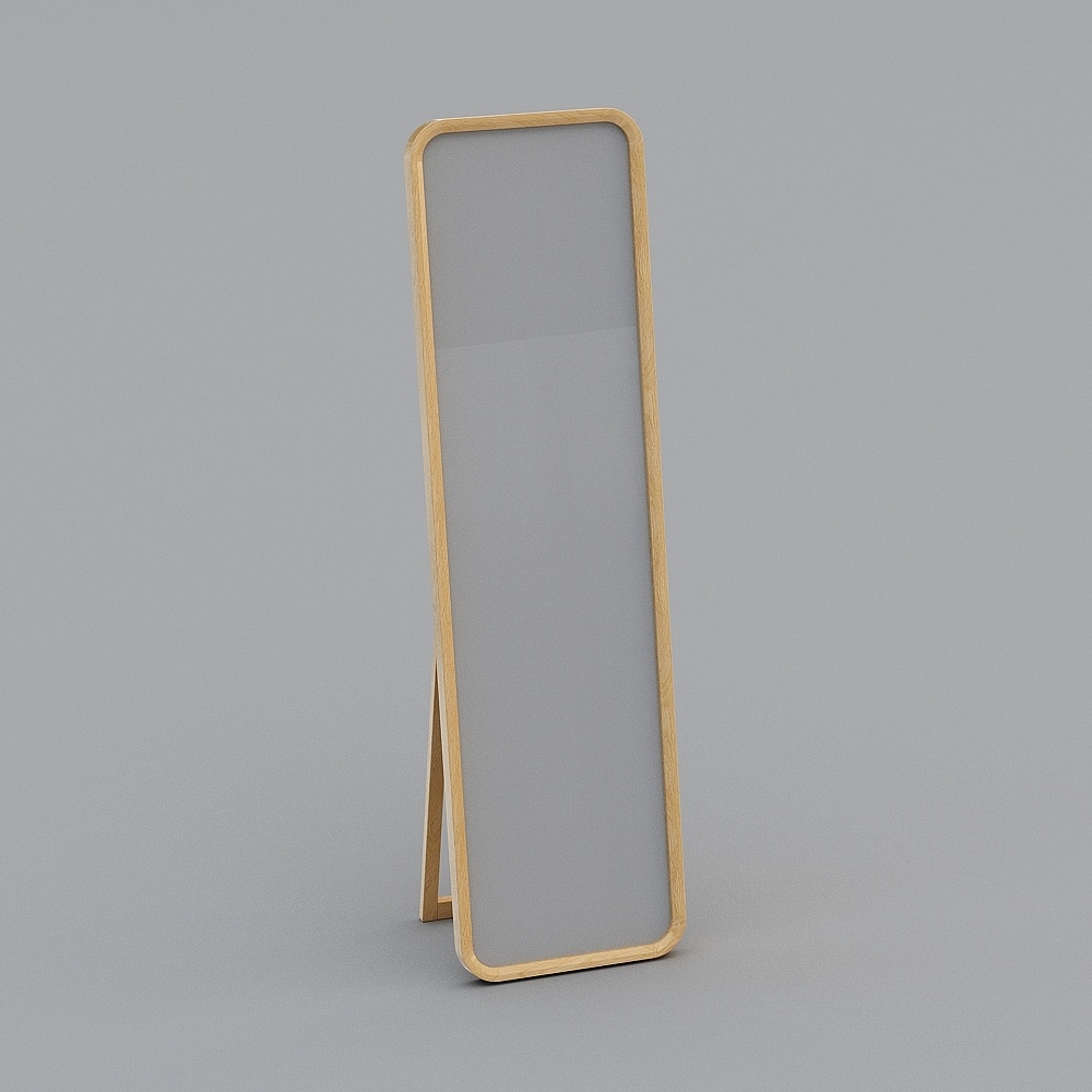 Tall standing floor mirror with light wood frame on grey background