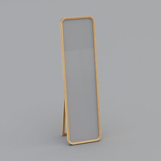 Tall standing floor mirror with light wood frame on grey background
